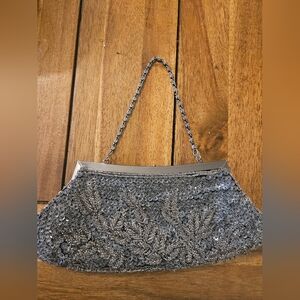 Kate Landry Silver Beaded Evening Bag with Chain Strap